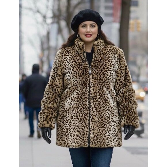 White Stag Jackets & Blazers - Vtg Luxe Leopard Print Faux Fur Coat Jacket Warm Winter Chic Size‎ Large 12-14